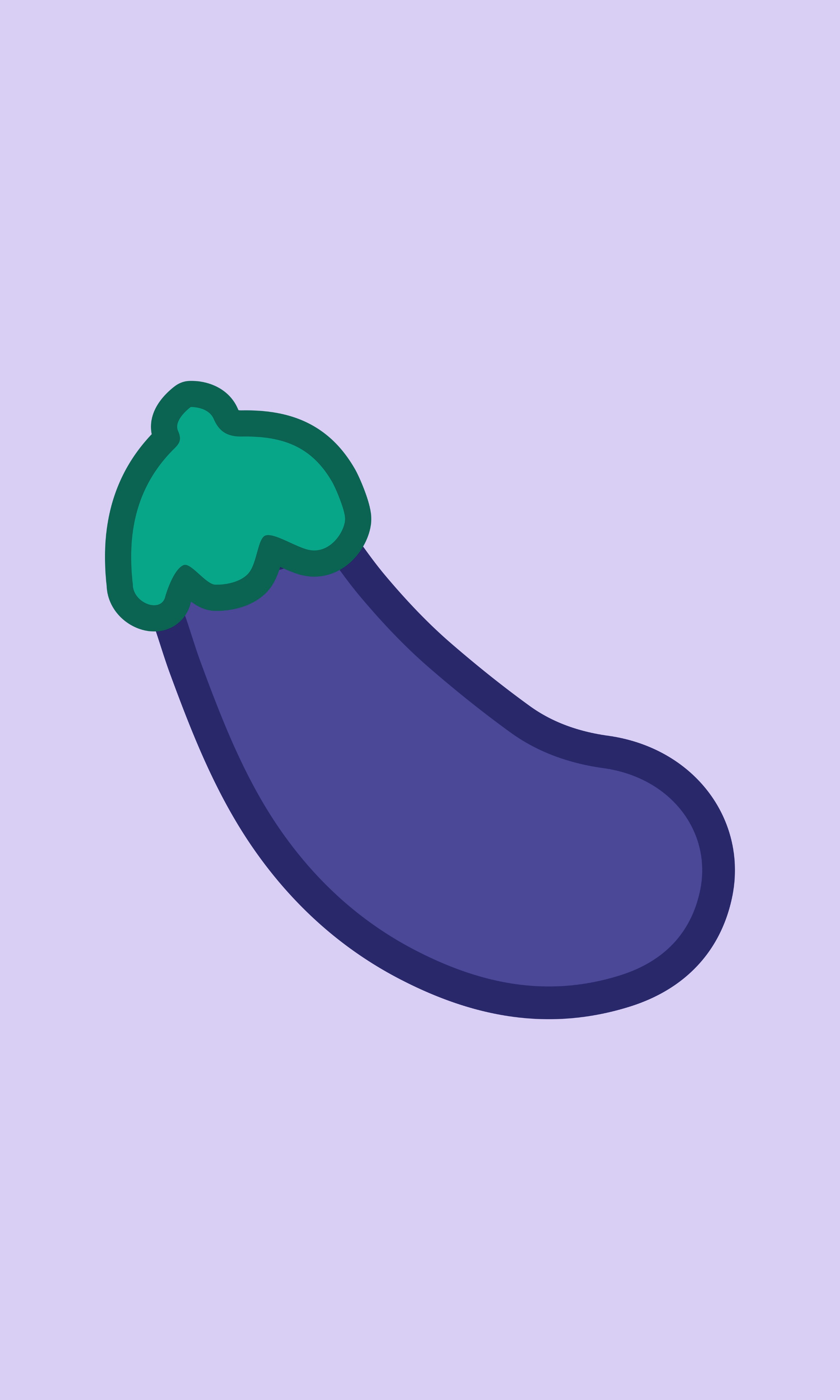 Illustration of the Out Now! eggplant pattern on a plain purple background, representing a playful and bold LGBTQ+ symbol.