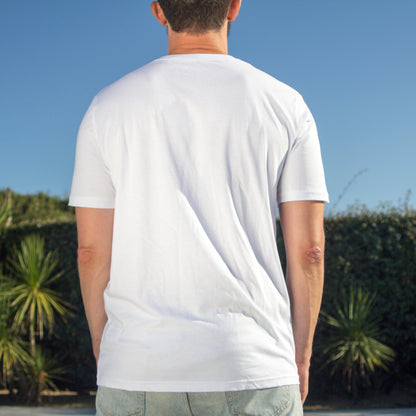 Back view of an Out Now! white "rainbow radiance" t-shirt with no pattern on the back, offering a clean and minimalist look.